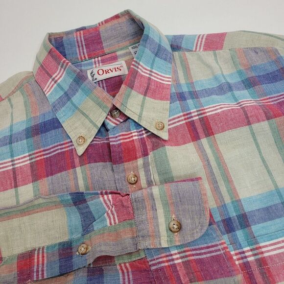 Orvis, Long Sleeve Pink/Green‎ Plaid Men's Shirt, Size M, Vntg - Picture 1 of 4